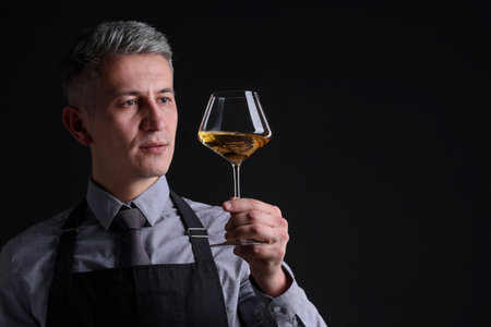 Professional sommelier with glass of white wine and clipboard on black background, space for textの写真素材