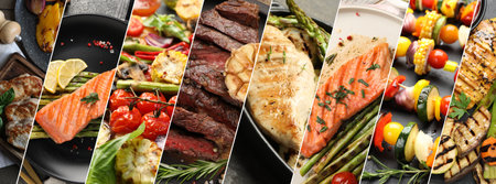 Collection of delicious grilled vegetables, meat and fishの写真素材