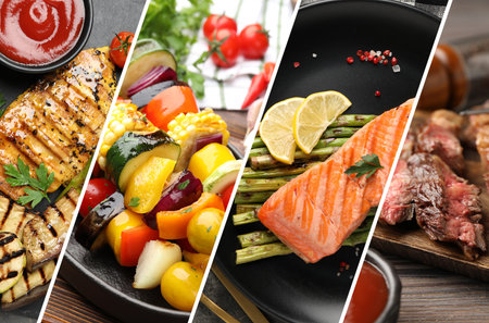 Collection of delicious grilled vegetables, meat and fishの写真素材