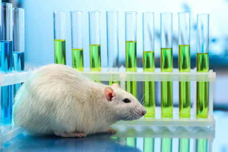 Cute rat and laboratory glassware with samples on table indoors, closeupの写真素材