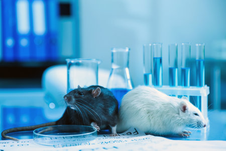 Cute rats, papers and laboratory glassware with samples on table indoors, closeupの写真素材
