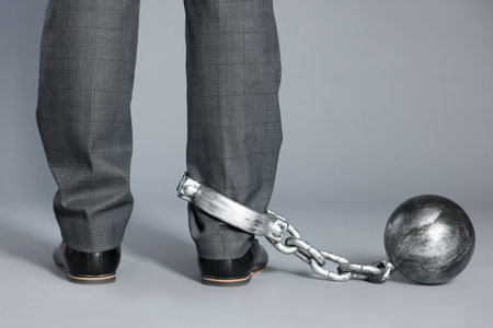 Businessman with metal ball and chain on his leg against gray background, closeup