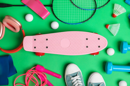 Skateboard, sneakers and sports equipment on green background, flat lay