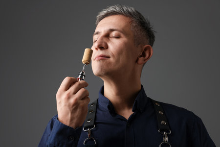 Professional sommelier with cork and corkscrew on gray background