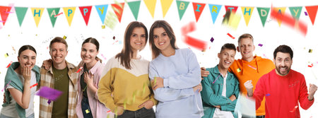 Birthday girls celebrating with their family and friends on white background. Surprise party with...