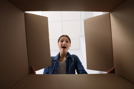 Woman looking into cardboard box indoors, view from inside package