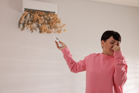 Woman covering her nose because of bad smell from air conditioner and using remote control in room....