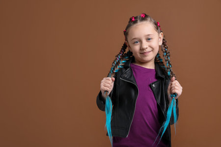 Cute girl with stylish braids on brown background. Space for text