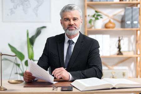 Portrait of handsome notary in suit with document and pen at table in office