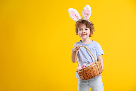 Easter celebration. Smiling little boy in headband with bunny ears and wicker basket full of painted...