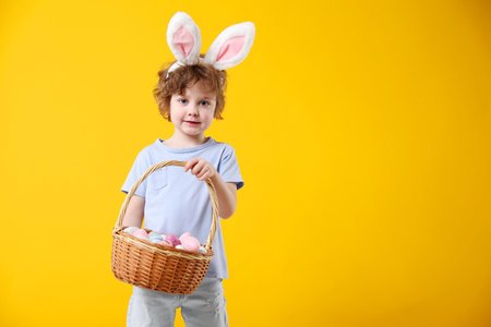 Easter celebration. Cute little boy in headband with bunny ears and wicker basket full of painted...