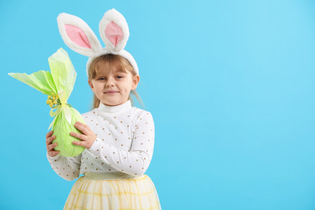 Easter celebration. Portrait of cute girl in headband with bunny ears holding wrapped gift on light...
