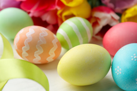 Painted Easter eggs, beautiful tulips and ribbon on table, closeup