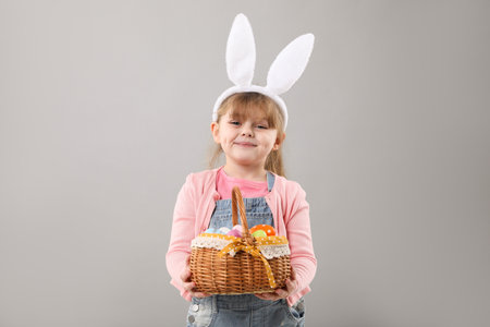 Easter celebration. Portrait of cute little girl in headband with bunny ears holding wicker basket...