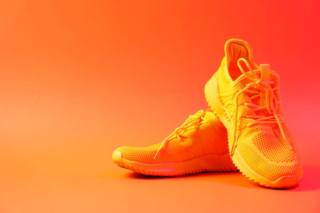 Pair of stylish sneakers on orange background. Space for textの写真素材