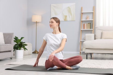Pregnant woman practicing yoga on mat at home