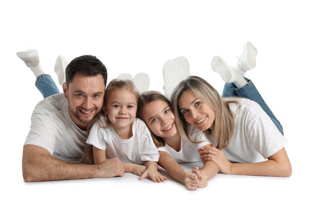 Portrait of happy family on white backgroundの写真素材