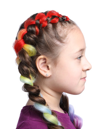 Cute girl with stylish braids on white background