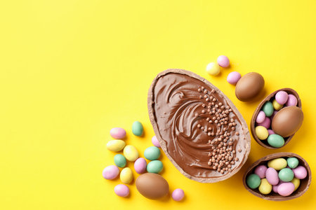 Happy Easter. Tasty chocolate eggs with colorful candies on yellow background, flat lay. Space for...