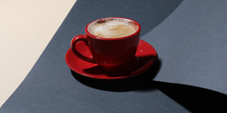 Cup of aromatic coffee on color background, closeupの写真素材