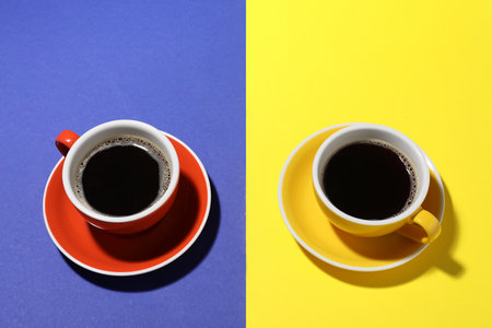 Cups of aromatic coffee on color background, above view. Space for textの写真素材