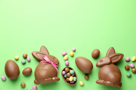 Chocolate Easter bunnies and eggs on light green background, flat lay. Space for textの写真素材