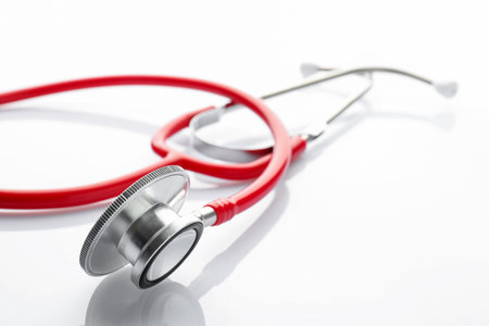 One stethoscope on white background, closeup. Space for textの写真素材