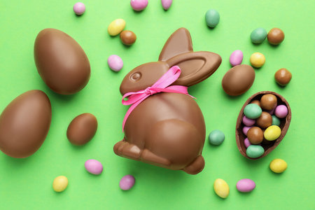 Chocolate Easter bunny and eggs on light green background, flat layの写真素材