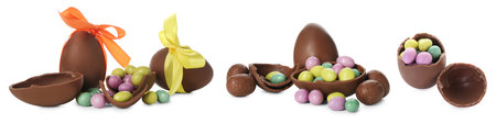 Broken chocolate eggs with candies isolated on white, set