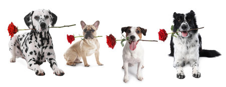 Adorable dogs with roses on white background, collectionの写真素材