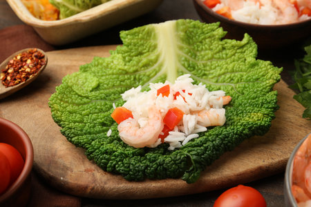 Ingredients for preparing stuffed cabbage rolls on table, closeupの写真素材