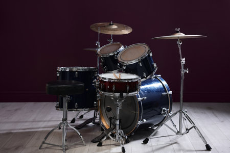 Modern drum kit in studio. Musical instrument