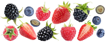 Fresh berries isolated on white. Set of strawberries, raspberries, blueberries and blackberriesの写真素材