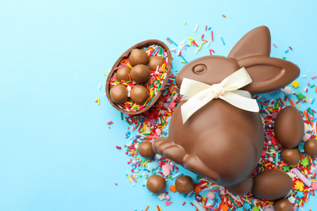 Chocolate Easter bunny, egg with candies and sprinkles on light blue background, flat lay. Space for...