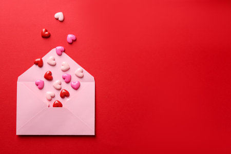 Valentine's day greeting card. Envelope with decorative hearts on red background, top view