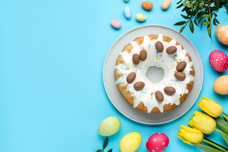 Delicious Easter cake, painted eggs, beautiful tulips and green leaves on light blue background,...