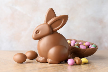 Chocolate Easter bunny and egg on wooden table against light gray background, closeup