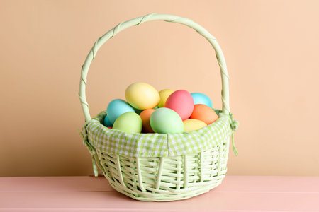 Beautiful Easter eggs in basket on pink wooden table against beige background