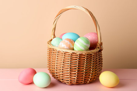 Beautiful Easter eggs in basket on pink wooden table against beige background