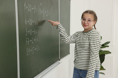 Schoolgirl doing math on chalkboard in classroom