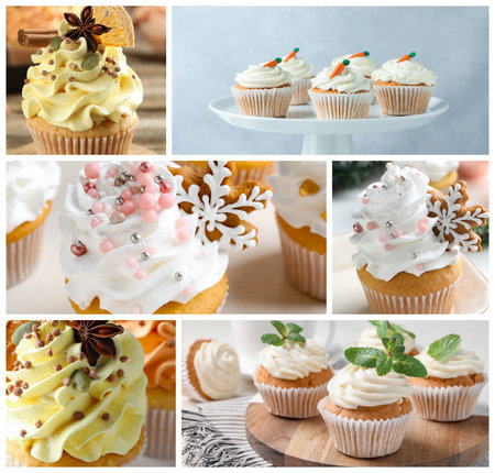 Different tasty decorated cupcakes with cream, collageの写真素材