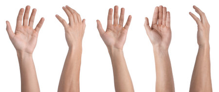 Man showing his hand from different sides on white background, closeup. Collageの写真素材