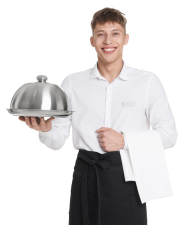 Waiter in uniform with tray, lid and towel on white backgroundの写真素材