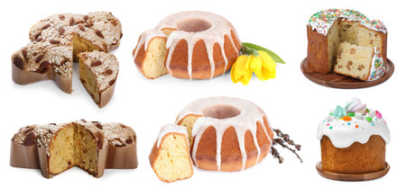 Tasty Easter cakes isolated on white, set
