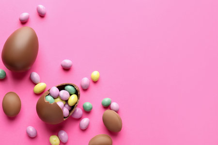 Chocolate Easter eggs with candies on pink background, flat lay. Space for text