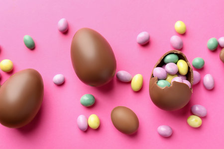 Chocolate Easter eggs with candies on pink background, flat lay