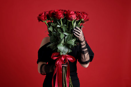 Valentine's day celebration. Woman with bouquet of roses on red backgroundの写真素材