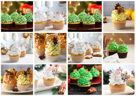Different tasty decorated cupcakes with cream, collageの写真素材