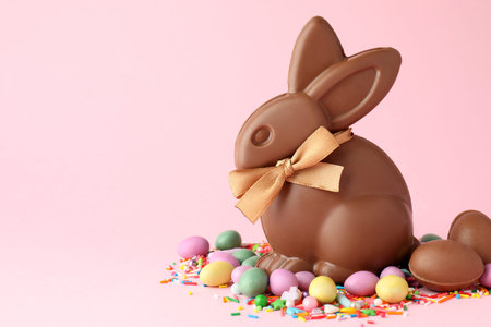 Chocolate Easter bunny, eggs, candies and sprinkles on pink background. Space for text