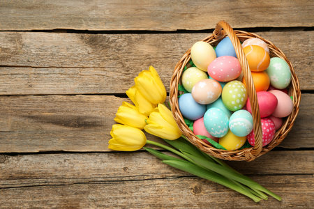 Easter basket with painted eggs and tulips on wooden table, flat lay. Space for text
